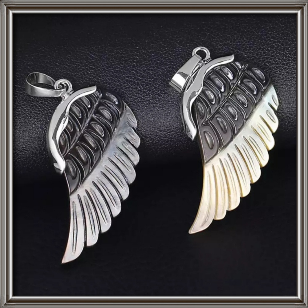 Black Mother of Pearl carved feather necklace.